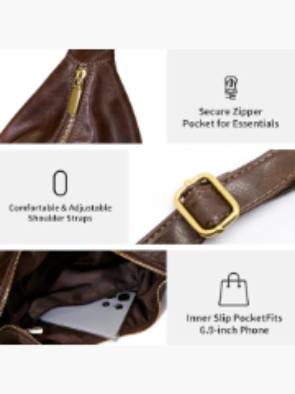Ultra Soft Foldable Vegan Leather Hobo Bag Slouchy Shoulder Tote - Picture 5 of 7